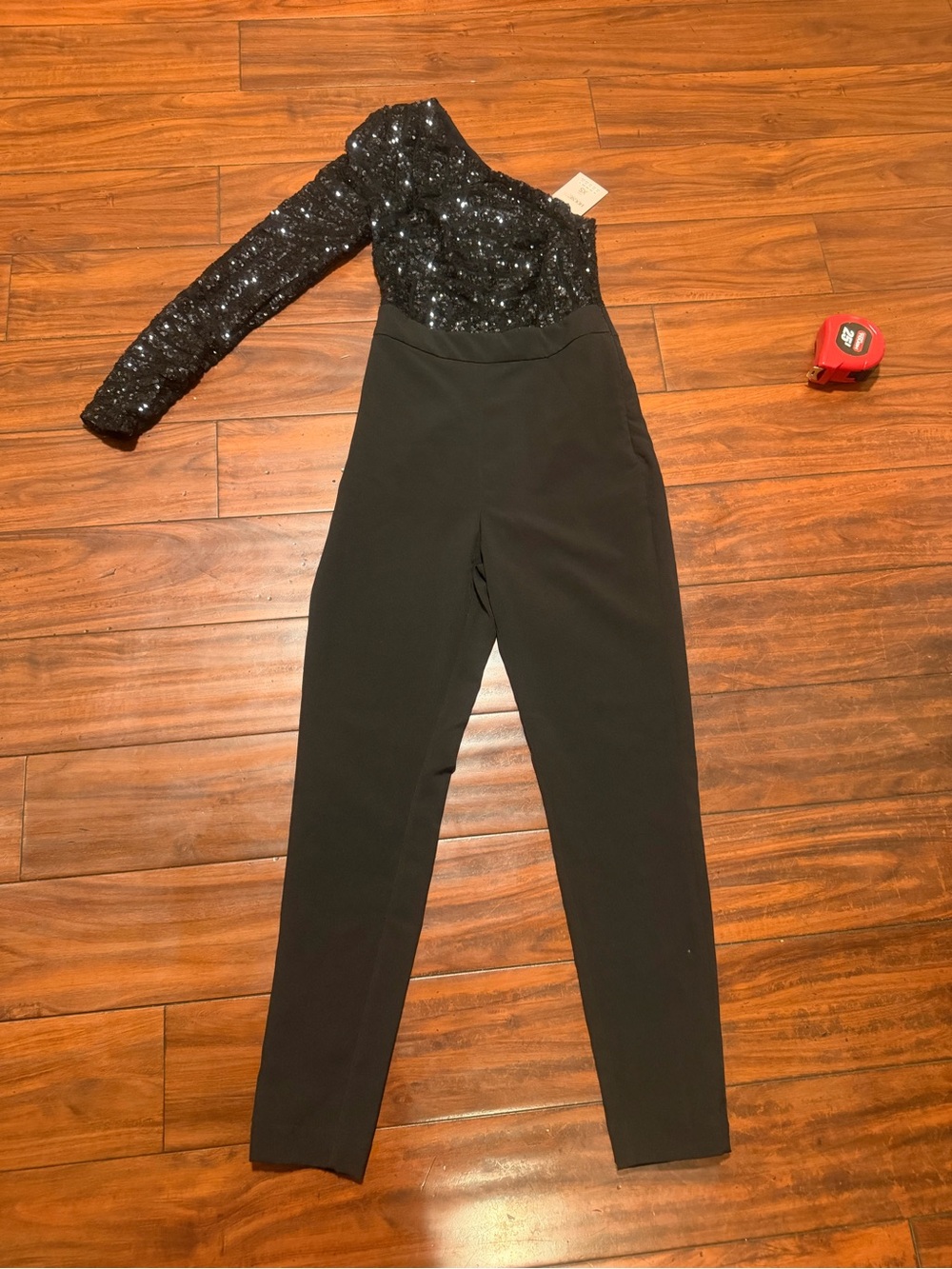 House of CB Black One-Shoulder Sequin Jumpsuit with Long Sleeve - Picture 1 of 9